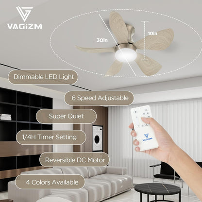 Plafondventilator met Lamp voor Slaapkamer: 76 cm Stille Plafondventilator met Afstandsbediening - 6 Snelheden en 3CCT - Omkeerbare DC-Motor - 5 Vellen 07