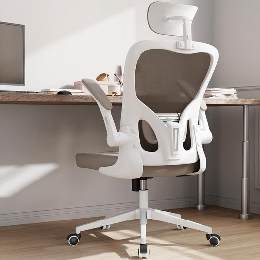 Bureaucomputerstoel – Bureaustoel – Kantoorstoel – Werkstoel – StudStoel – Ergonomisch Met Lendensteun – Opklapbare Armleuningen – In Hoogte Verstelbaar – Draaibaar 360° – Warm Taupe Mesh