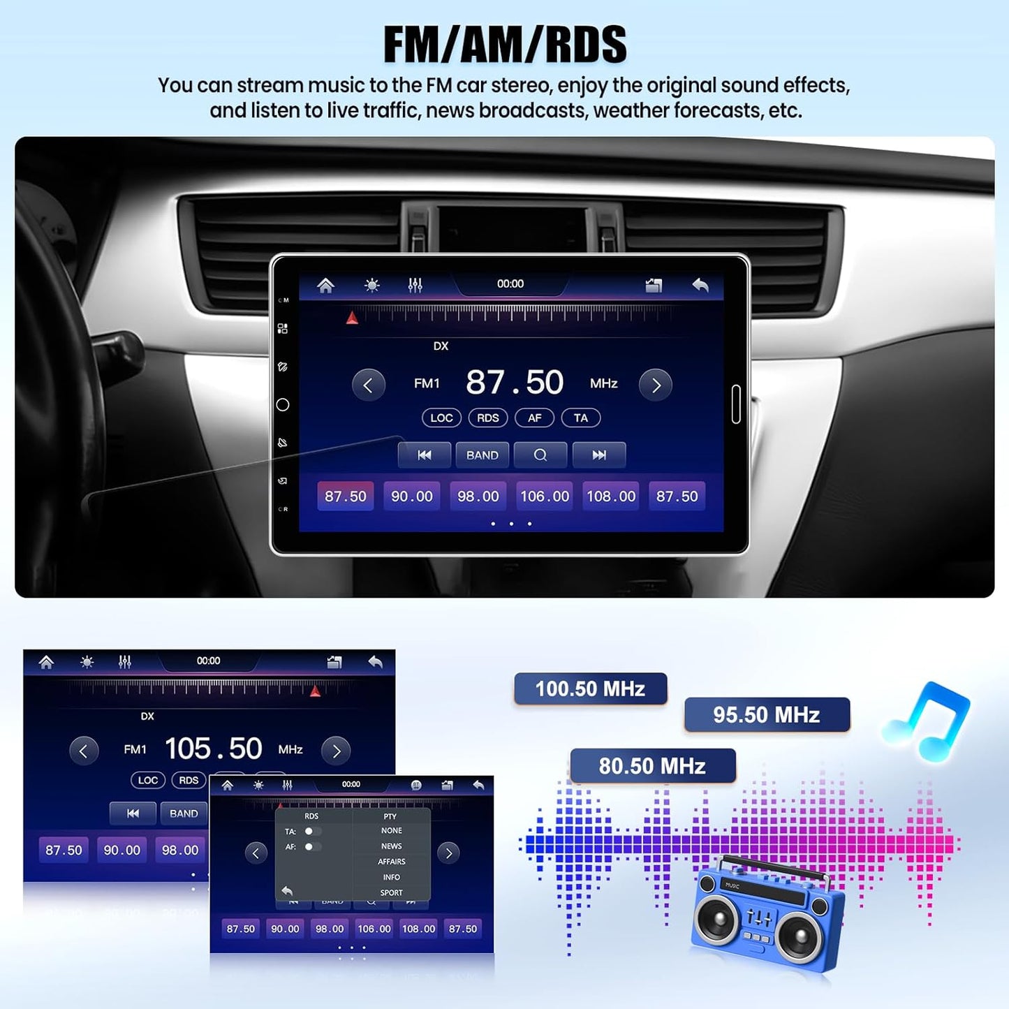 1 DIN autoradio met draadloos CarPlay Android Auto autoradio met draaibaar 10,1-inch touchscreen Bluetooth FM/AM/RDS radio Mirror Link USB/TF-kaart/Aux-ingang SWC EQ ondersteuning DVR+