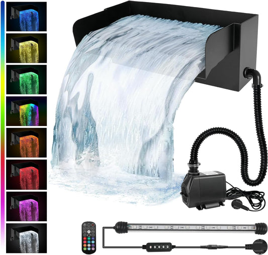 Waterval voor vijver, 30 cm zwarte roestvrijstalen waterval vijverfilter voor tuinvijver, 30 cm, 45 W, 3000 L/h met pomp en LED-verlichting voor waterpartij, patio, terras, waterwand, koivijver