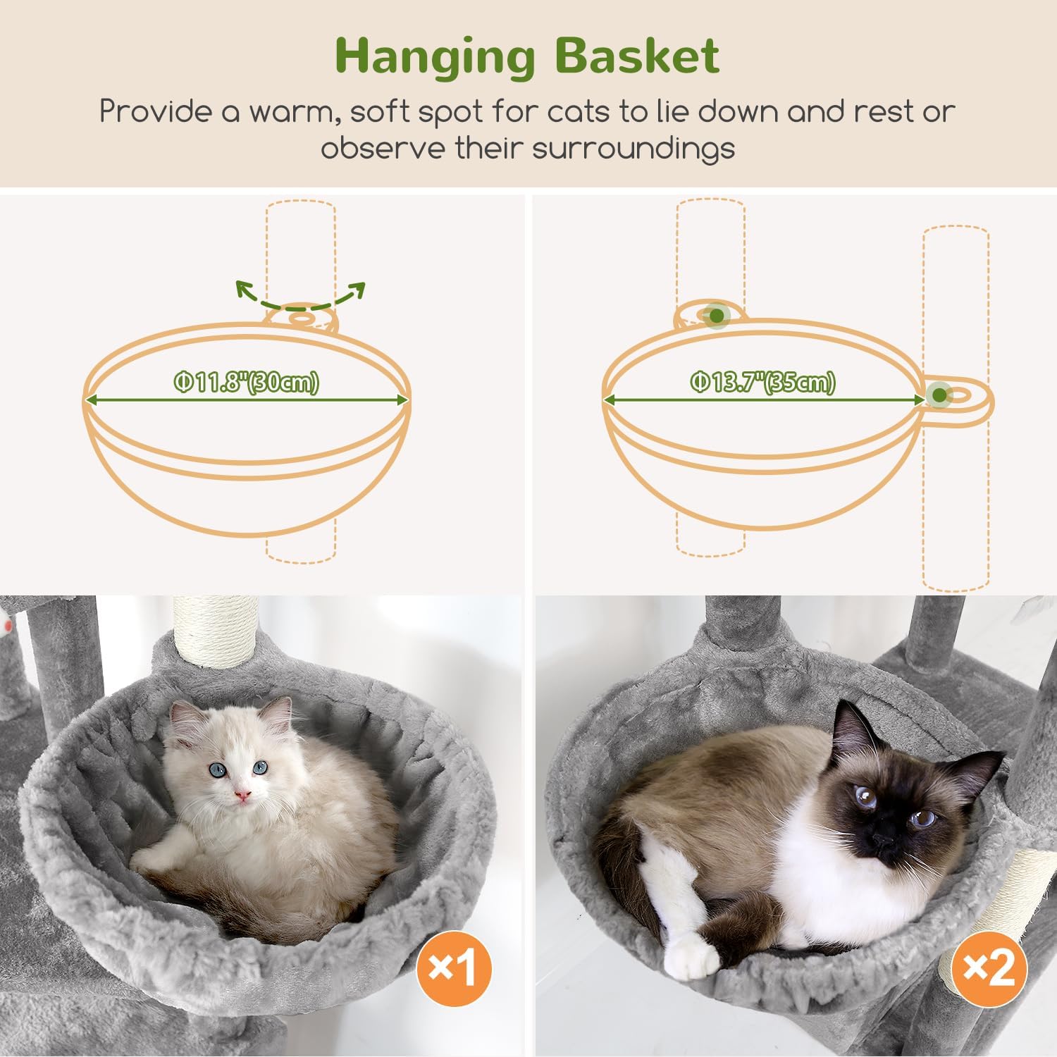 Globlazer Cat Tree Large, Scratching Post XXl high 204cm with 3 cat house, 2 Large Platform, 2 Cat Baskets Soft, Stable cat tower luxury for 3-5 Large cats Rest Play Indoor (F80F, Light grey) - QUORE