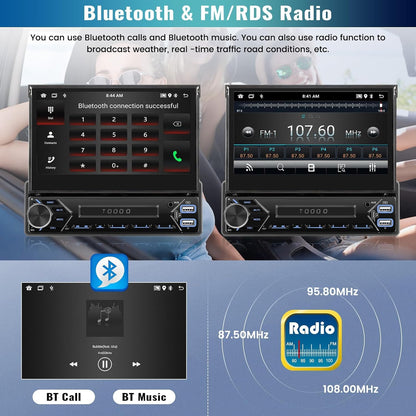 Android-autoradio 13 2G + 64G 1 Din met Wireless Carplay Android Auto, 7 inch flip-out touchscreen Bluetooth autoradio met Mirror Link WiFi GPS SWC FM RDS USB + achteruitrijcamera + MIC