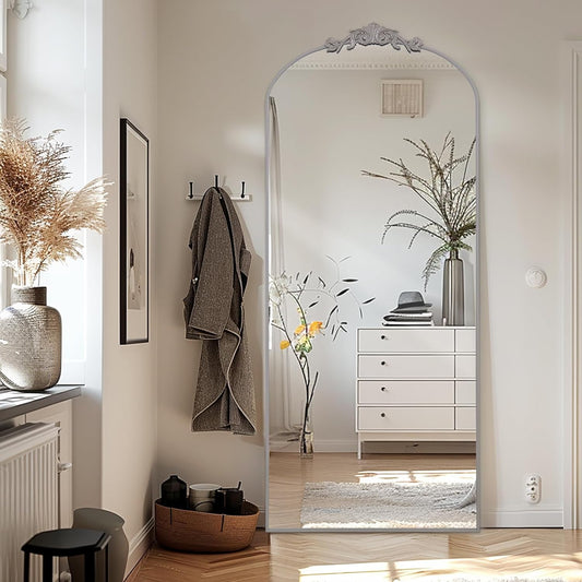 Filigree Staande spiegel, 180 x 76 cm, full-body spiegel met vintage sierlijke gezonde toepassing, retro woondecoratie, wandspiegel voor woonkamer, slaapkamer, hal-entree, zilver