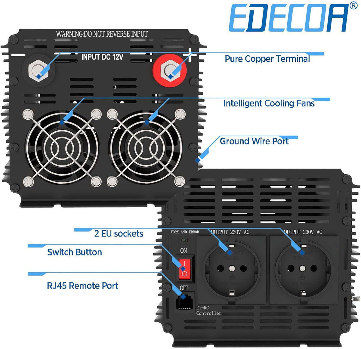 <font dir="auto" style="vertical-align: inherit;"><font dir="auto" style="vertical-align: inherit;">        EDECOA 2500W Inverter 12V to 230V Pure Sine Wave Inverter 12V 230V Voltage Converter with LCD Remote Control and EU Sockets       </font></font>