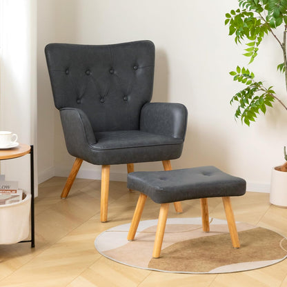 HollyHOME Comfortable Armchair with Footstool Living Room Chair Cozy Relaxing Arm Chairs PU Leather Accent Chairs Reading Chair Bedroom, Black - QUORE