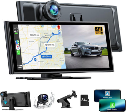 Volam 9,26'' draadloze Carplay Screen Araagbare autoradio met 4K Dash Cam, 1080p Achteruitrijcamera, A-pple Carplay Android Auto, Mirror Link, Loop Recording, GPS-navigatie, AUX/FM