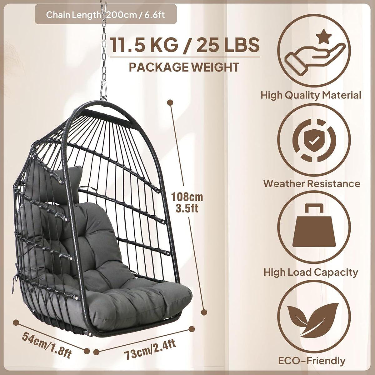 Chihee Eierstoel Opvouwbare Rieten Rotan Hangstoel Swing Stoel Indoor Outdoor Patio Rieten Stoel Hangmat Stoel met Rvs Opknoping Kit Chain Link UV Bestand Kussen Slaapkamer Balkon