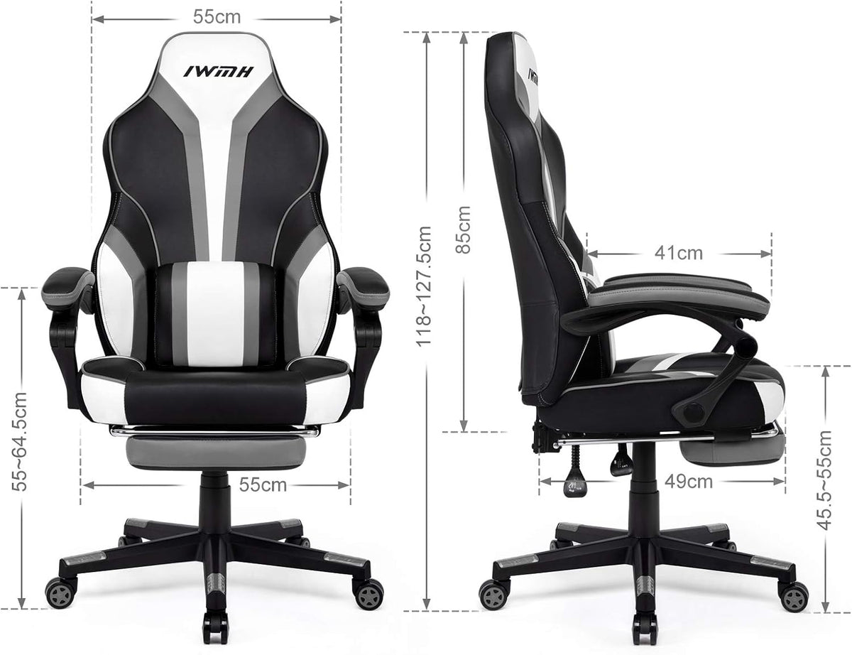 IntimaTe WM Heart Gamingstoel, ergonomische gamingstoel, met hoge rugleuning, bureaustoel met gevoerde zitting, inklapbare voetsteunen, verstelbare armleuningen 49 x 55 x 127(grijs)