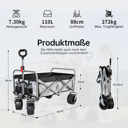 Premium campingwagen met remmen en afneembare wielen, grote transportwagen met 600D Oxford-stof, magnetische handgreep en extra opbergruimte voor camping, strand en tuin (grijs)
