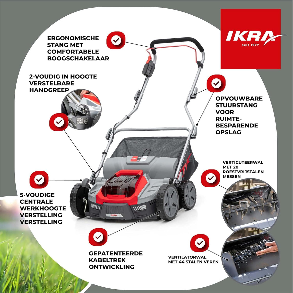 IKRA 36V accu 3in1 verticuteermachine gazonbeluchter IB-SR 36, 45l grasvanger, werkbreedte 36cm, compatibel met Bosch - QUORE