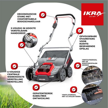 IKRA 36V accu 3in1 verticuteermachine gazonbeluchter IB-SR 36, 45l grasvanger, werkbreedte 36cm, compatibel met Bosch - QUORE