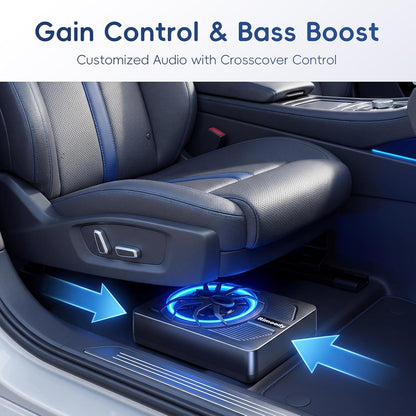 Rimoody 10 inch platte subwoofer actief - 1000 W Max Power, 120 W RMS, Bass Boost, inbouwset voor montage op de zitting van de stoel, voor auto