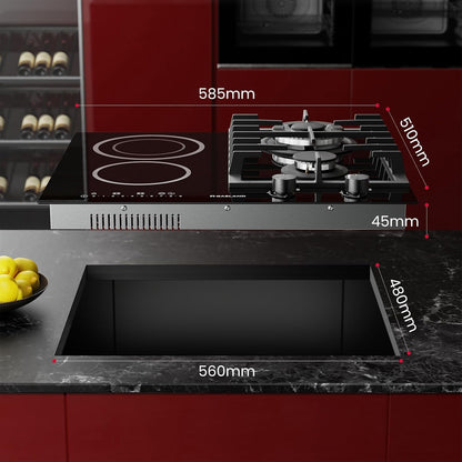 Gaskookplaat – Keramische Kookplaat – Combikookplaat – Inbouwkookplaat – Wokbrander – 60 cm Breed – 5200 W Gasbrander – Zwart Glaskeramiek