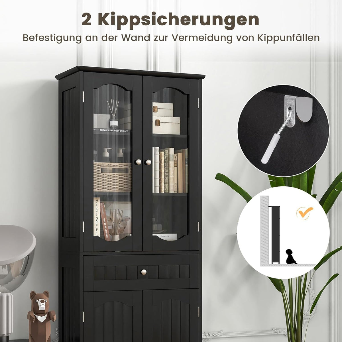FANTASK Badkamerkast voor woonkamer, badkamer, keuken, vrijstaande hoge kast met kantelbeveiliging en 4 deuren en lade en verstelbare plank, 60 x 30 x 160 cm