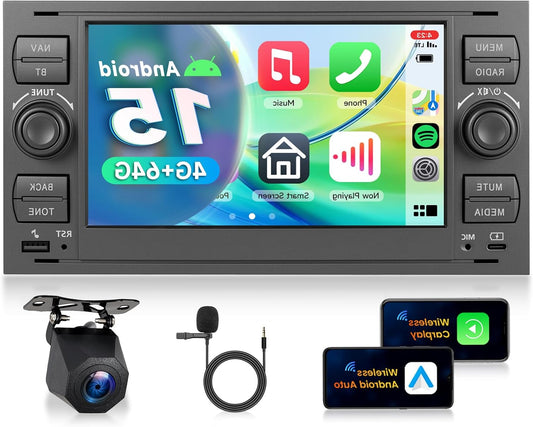 4G+64G Car Radio Android 15 für Ford Focus Fiesta C/S-Max Transit Galaxy Mondeo Connect, 7'' HD Touch Screen Radio mit Drahtloses Carplay Android Car GPS WiFi USB TYP-C Bluetooth FM RDS Camera - QUORE