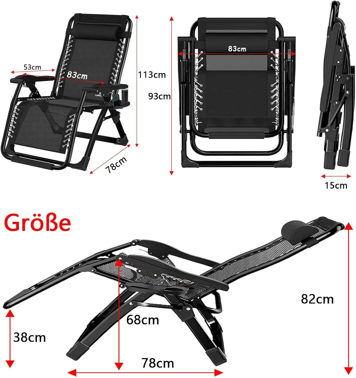 Zero Gravity stoel, inklapbare ligstoel, ondersteunt tot 200 kg fauteuil, Opvouwbare Zonneligstoel ligstoel, inklapbaar, met bekerhouder, kussen,hoofdsteun, voor Tuin, Terras of Balkon 83cm