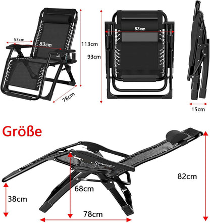 Zero Gravity stoel, inklapbare ligstoel, ondersteunt tot 200 kg fauteuil, Opvouwbare Zonneligstoel ligstoel, inklapbaar, met bekerhouder, kussen,hoofdsteun, voor Tuin, Terras of Balkon 83cm