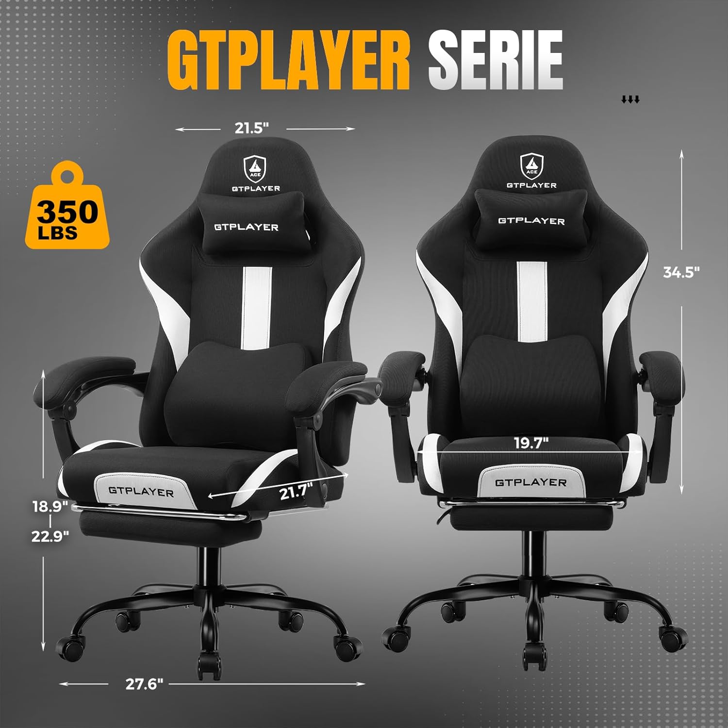 GTPLAYER Gaming Chair, Gamer Chair, Breathable Office Chair Made of High Quality Fabric, Ergonomic PC Chair, Adjustable and Swivel Office Chair with Footrest, Black - QUORE