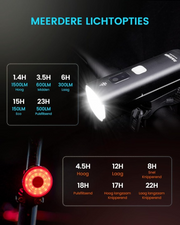 Fietslamp - Fietslicht - Fietsverlichting Set - Oplaadbaar - met 1500 Lm Koplamp - Smart Achterlicht - 5 Helderheidsniveaus - USB-C - voor Road - Mountain - Urban Fietsen - Strap Mount - IPX7-Waterdicht - Zwart en Rood
