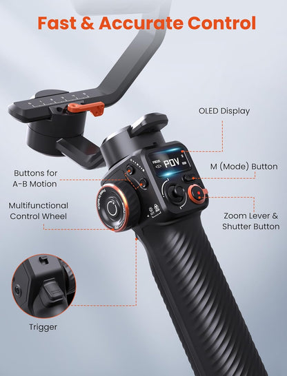 hohem iSteady MT2 3-assige gimbalstabilisator voor spiegelloze/zak/actiecamera en smartphone, OLED-display, 1,2 kg max. laadvermogen