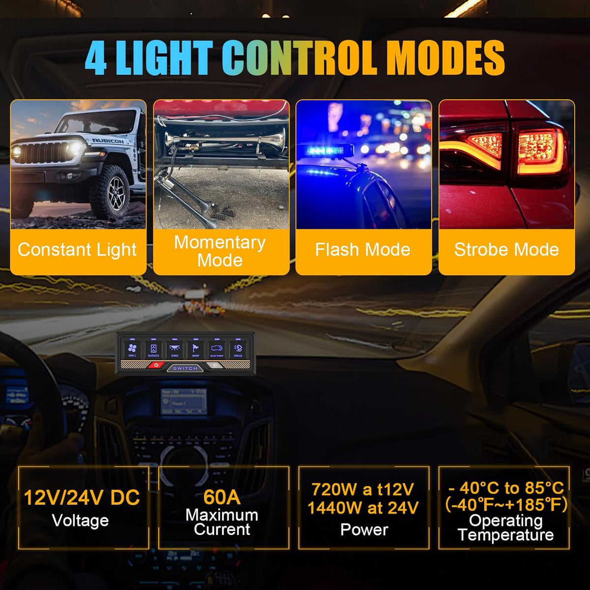 Chelhead 12 V/24 V schakelpaneel, RGB, 6-voudig dimbaar, multifunctioneel programmeerbaar schakelpaneel, accessoires, batterijbesturing, waterdicht, compatibel met vrachtwagen, boot, SUV, camper