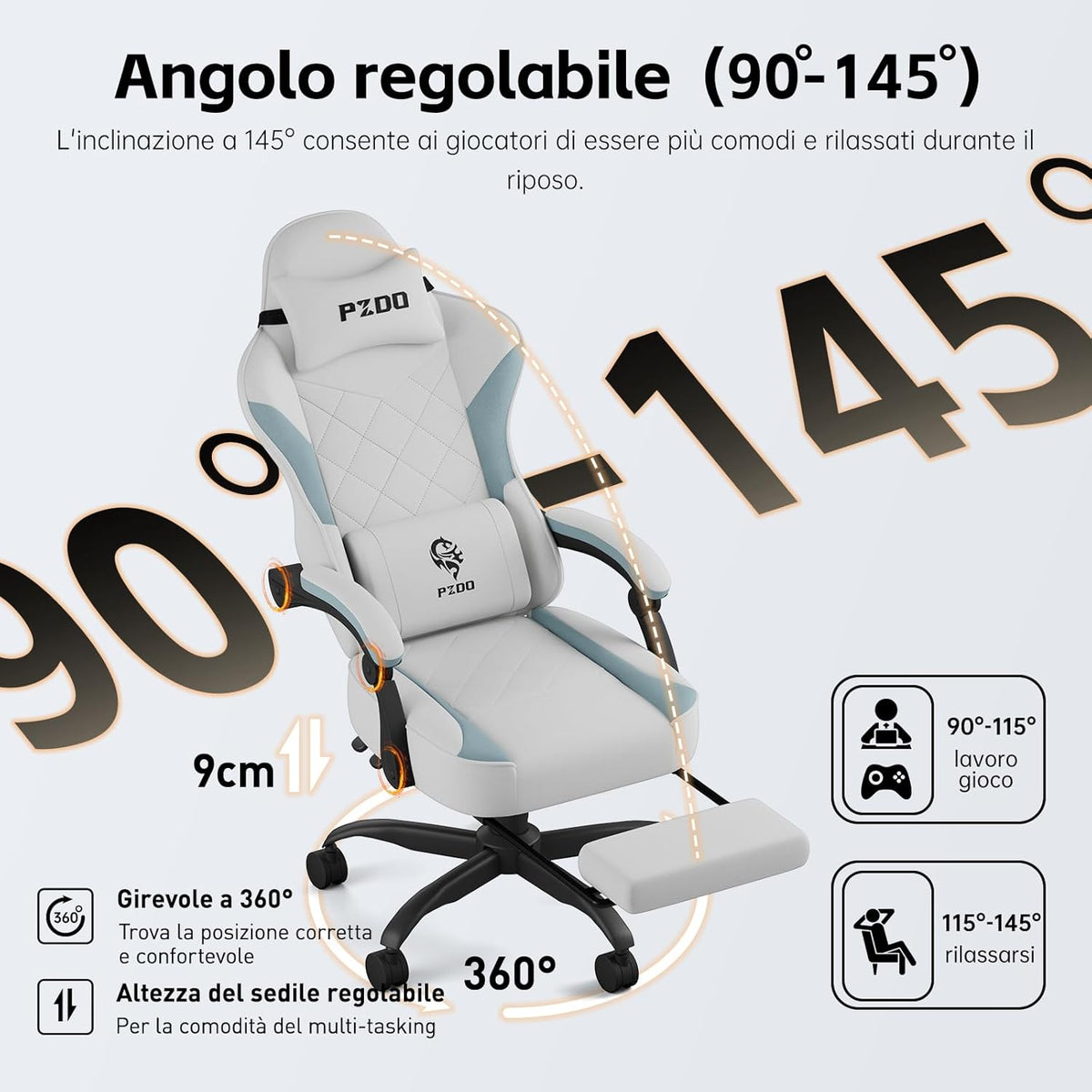 Gaming Stoel Ergonomische Computerstoel – Bureaustoel Gamingstoel Werkstoel – PC-Stoel met Voetensteun – Verstelbare Rugleuning en Armleuningen – Zitkussen met Pocketveren en Latex – Ademend Technisch Stof Grijs
