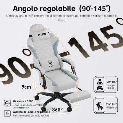 Gaming Stoel Ergonomische Computerstoel – Bureaustoel Gamingstoel Werkstoel – PC-Stoel met Voetensteun – Verstelbare Rugleuning en Armleuningen – Zitkussen met Pocketveren en Latex – Ademend Technisch Stof Grijs