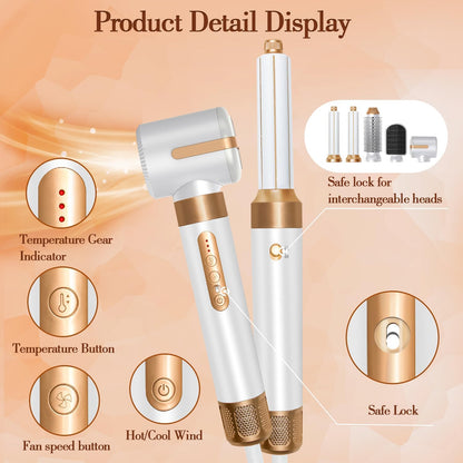 7-in-1 haardroger, snelle haardroger, stylinggereedschapsset, heteluchtborstel, diffuser, mondstukken, stijlkam, krulstaaf, volumizer (wit)