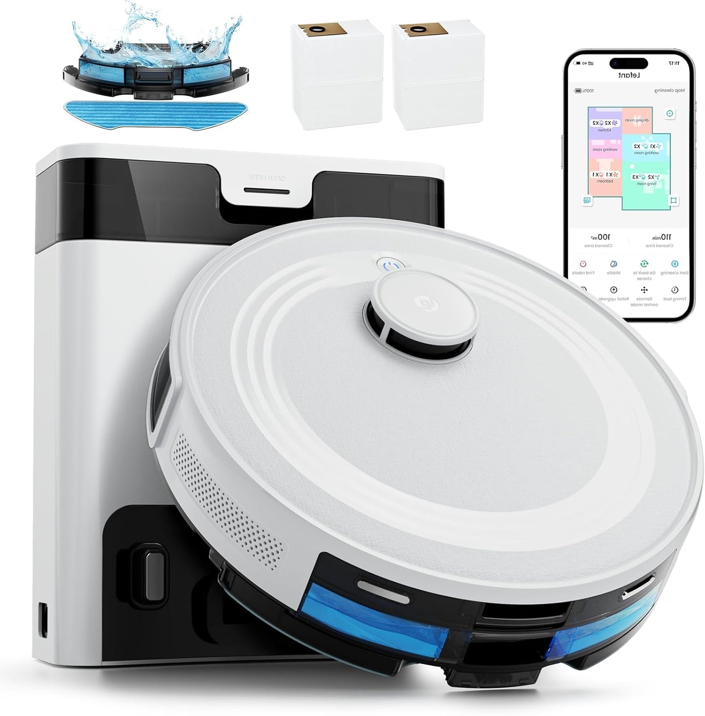 Robotstofzuiger – Dweilrobot – Stofzuigrobot – Automatische Stofzuiger – Smart Vacuum – 6000 Pa Zuigkracht – Automatisch Afvoerstation met PSD Obstakelvermijding