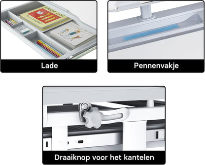 kinderbureau meegroeiend kantelbaar hoogteverstelbaar met stoel lade boekenrek