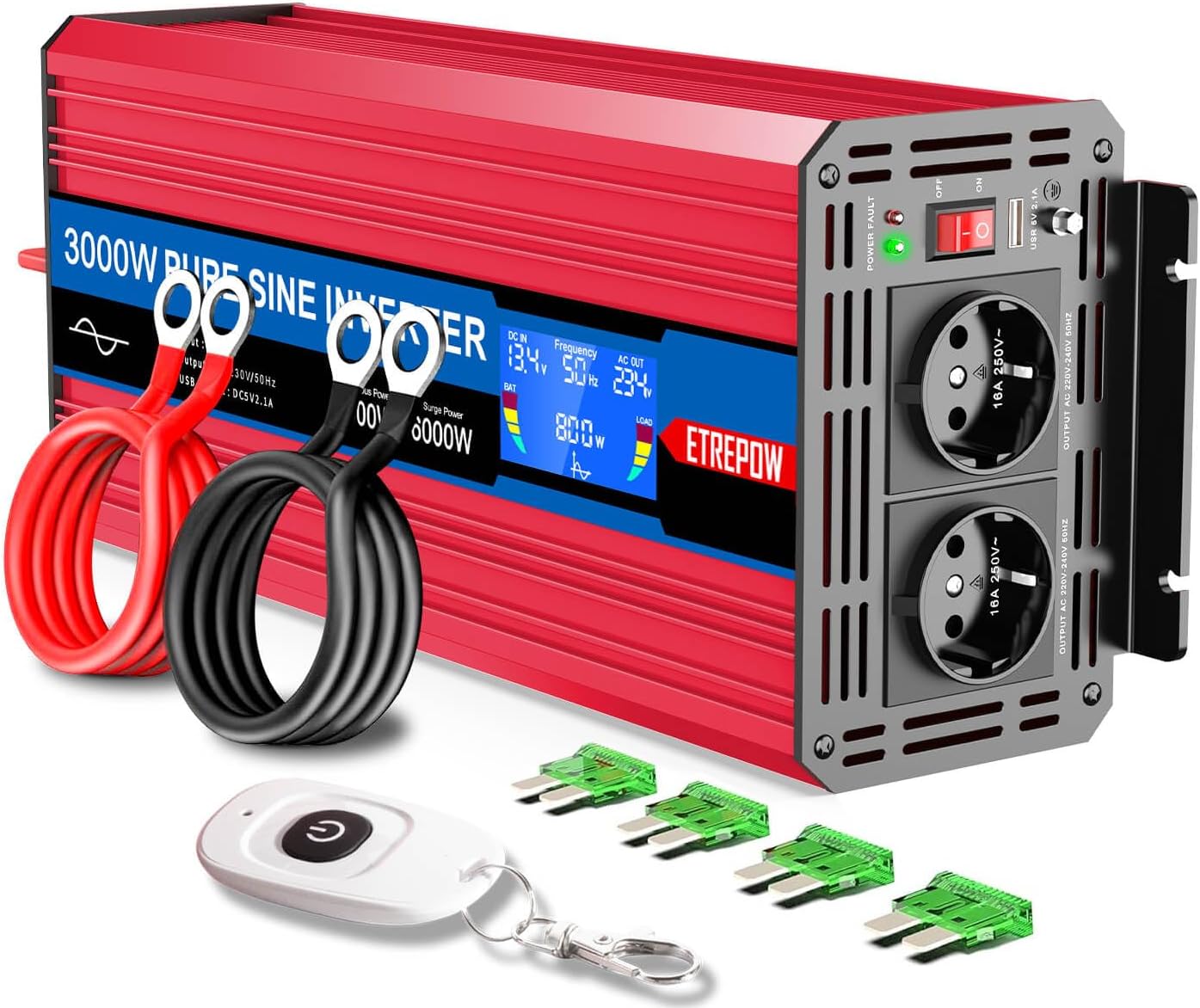 Omvormer 12v naar 230v Zuivere Sinus 3000W Spanningsomvormer met 2 EU Stopcontacten, USB-interface, LCD-Display,Draadloze Afstandsbediening