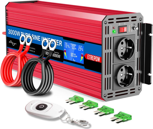 Omvormer 12v naar 230v Zuivere Sinus 3000W Spanningsomvormer met 2 EU Stopcontacten, USB-interface, LCD-Display,Draadloze Afstandsbediening