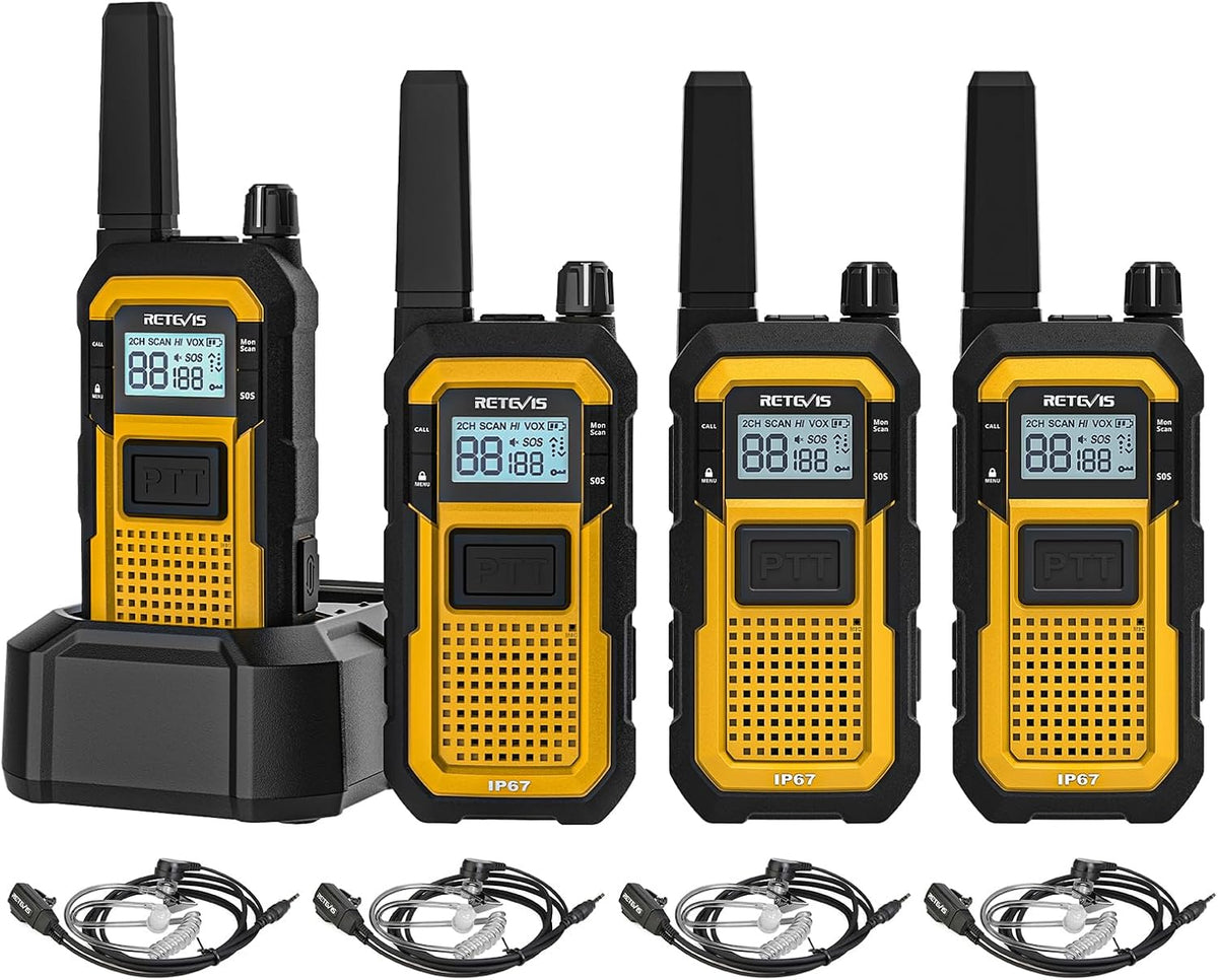 Retevis RB648 Walkie Talkie, IP67 Waterdichte Tweewegradio, Dubbele PTT, SOS-Vibratie, 2000mAh, Heavy-Duty Walkie-Talkie met Oortelefoon voor Bouwplaatsaannemers (4 Stuks, Geel)