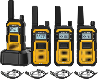 Retevis RB648 Walkie Talkie, IP67 Waterdichte Tweewegradio, Dubbele PTT, SOS-Vibratie, 2000mAh, Heavy-Duty Walkie-Talkie met Oortelefoon voor Bouwplaatsaannemers (4 Stuks, Geel)