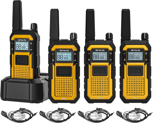 Retevis RB648 Walkie Talkie, IP67 Waterdichte Tweewegradio, Dubbele PTT, SOS-Vibratie, 2000mAh, Heavy-Duty Walkie-Talkie met Oortelefoon voor Bouwplaatsaannemers (4 Stuks, Geel)