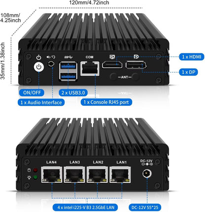 Micro Firewall Appliance, Fanless Mini PC J3710 4C/4T, 4x 2.5 GbE i226-V LAN,AES-NI,DDR3 8GB SSD 128GB Router Netzwerk Security USB3.0/HD/DP/Console RJ45 Port/Wi-Fi, Dual Display