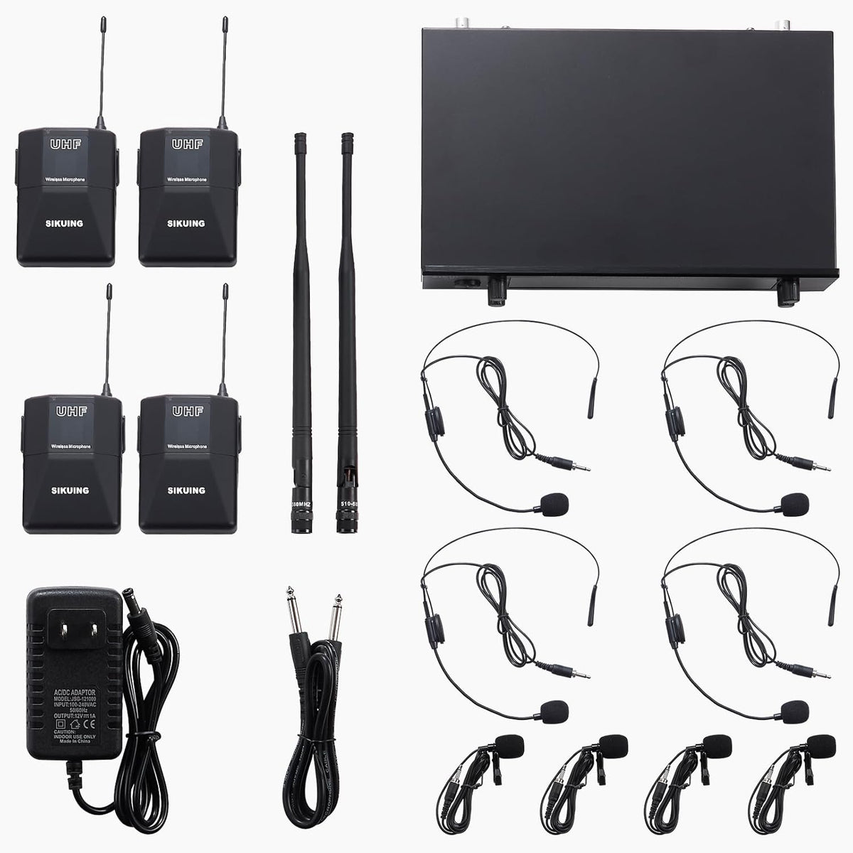 4-kanaals draadloos microfoonsysteem met lavalier- en headsetmicrofoons, 4x50 instelbare frequenties, ideaal voor karaoke, bijeenkomsten, kerk, 300 ft bereik (4 bodypacks)