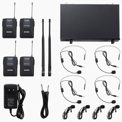 4-kanaals draadloos microfoonsysteem met lavalier- en headsetmicrofoons, 4x50 instelbare frequenties, ideaal voor karaoke, bijeenkomsten, kerk, 300 ft bereik (4 bodypacks)