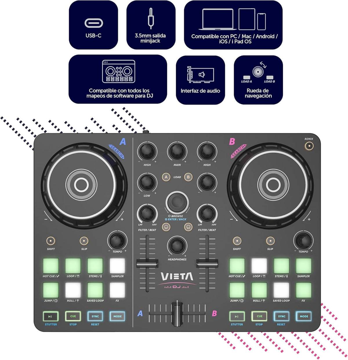 DJ-Mengpaneel – DJ-Controller – DJ-Mixer – Mengpaneel – Audio-Interface – 2-Kanaals Met Bluetooth En USB-Aansluiting – RGB-Pads Met Geïntegreerde Geluidskaart
