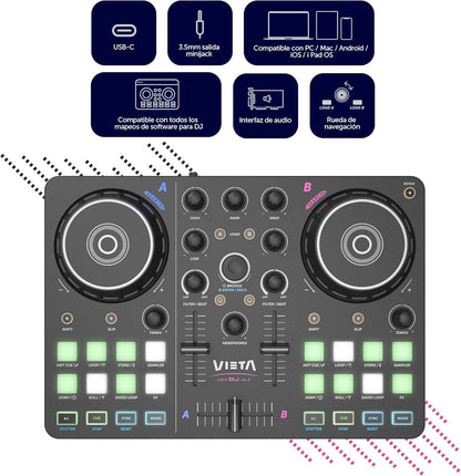 DJ-Mengpaneel – DJ-Controller – DJ-Mixer – Mengpaneel – Audio-Interface – 2-Kanaals Met Bluetooth En USB-Aansluiting – RGB-Pads Met Geïntegreerde Geluidskaart