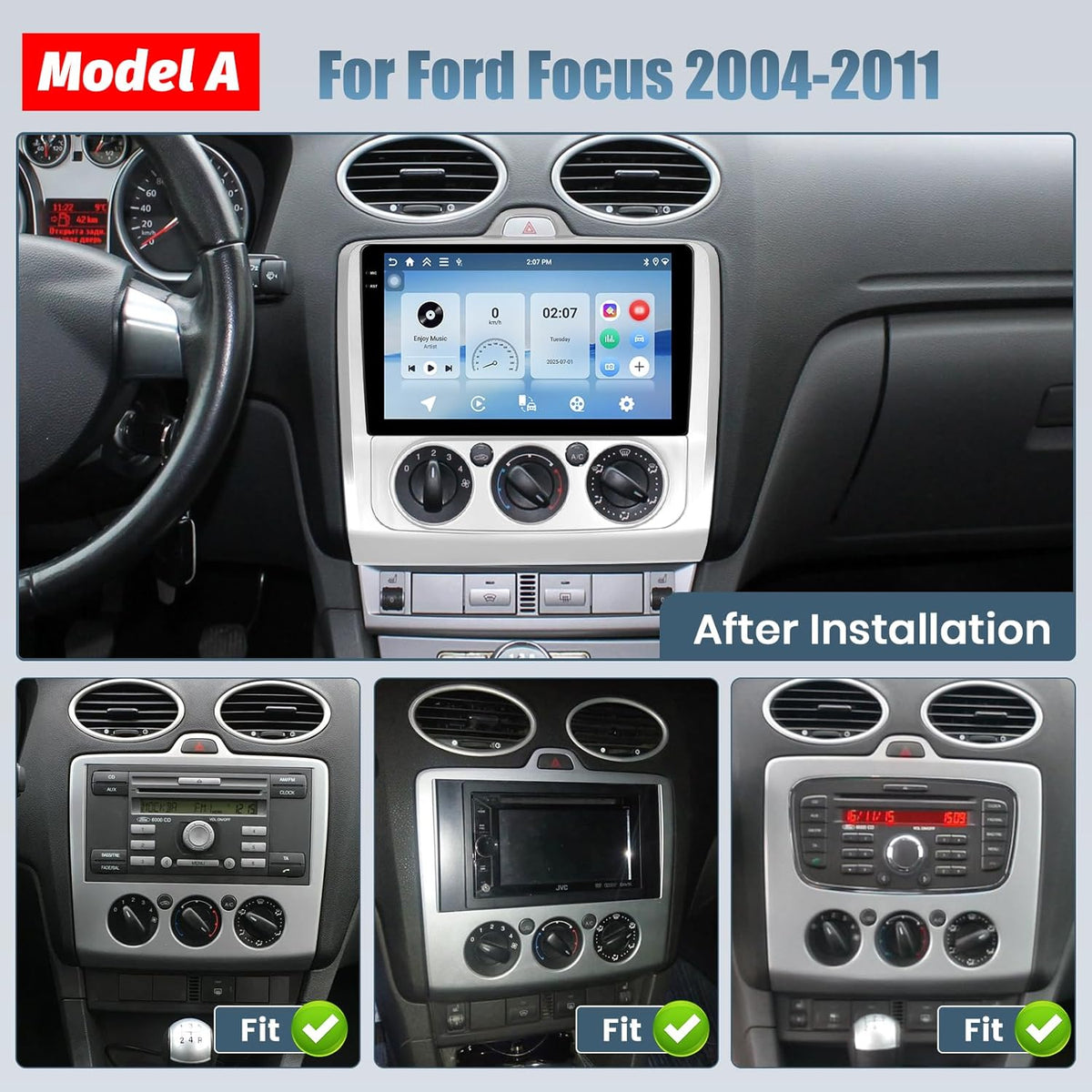 Hikity 2G 32G Android13 Car Stereo voor Ford Focus Exi MT 2 3 Mk2 Mk3 2004-2011 met draadloze Carplay Android Auto,9'' Radio met GPS Bluetooth FM RDS WiFi Mirror Link EQ Achteruitkijkcamera (Zilver)