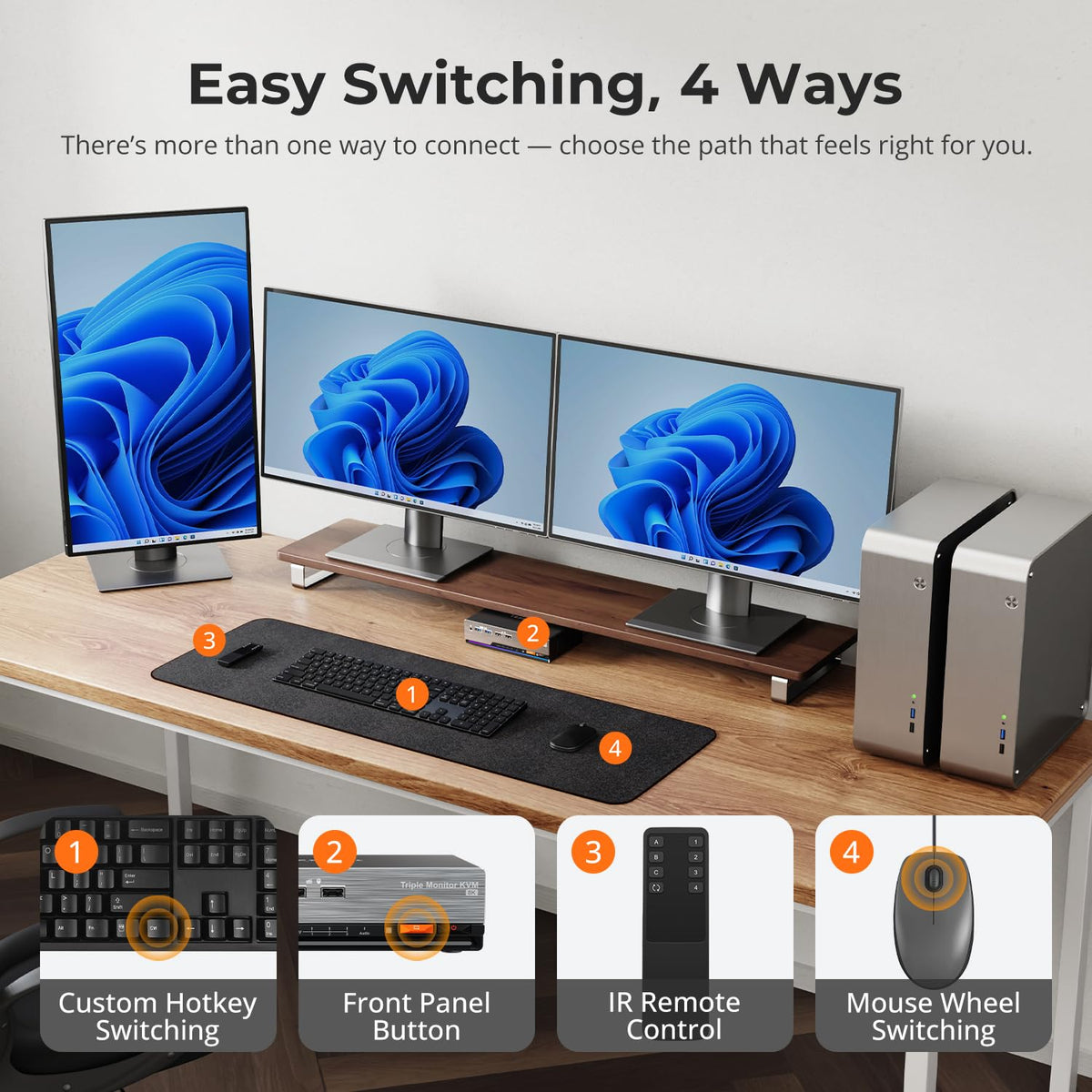 TESmart 8K 60Hz MST DisplayPort KVM Switch 2 PC 3 Monitoren, USB 3.0 4K 144Hz Drievoudige Monitor KVM Schakelaar voor desktop en laptop, Gigabit Netwerk, Custom Hotkey Switch, DP1.4, incl. PC Kabels