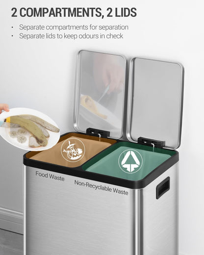 Hzuaneri Trash Bin, Kitchen Pedal Bin (2 x 15 L), Stainless Steel Waste Sorting System with Coloured Pedal, Removable Inner, Suitable for Kitchens, Silent Slow Closure of Lid, Silver