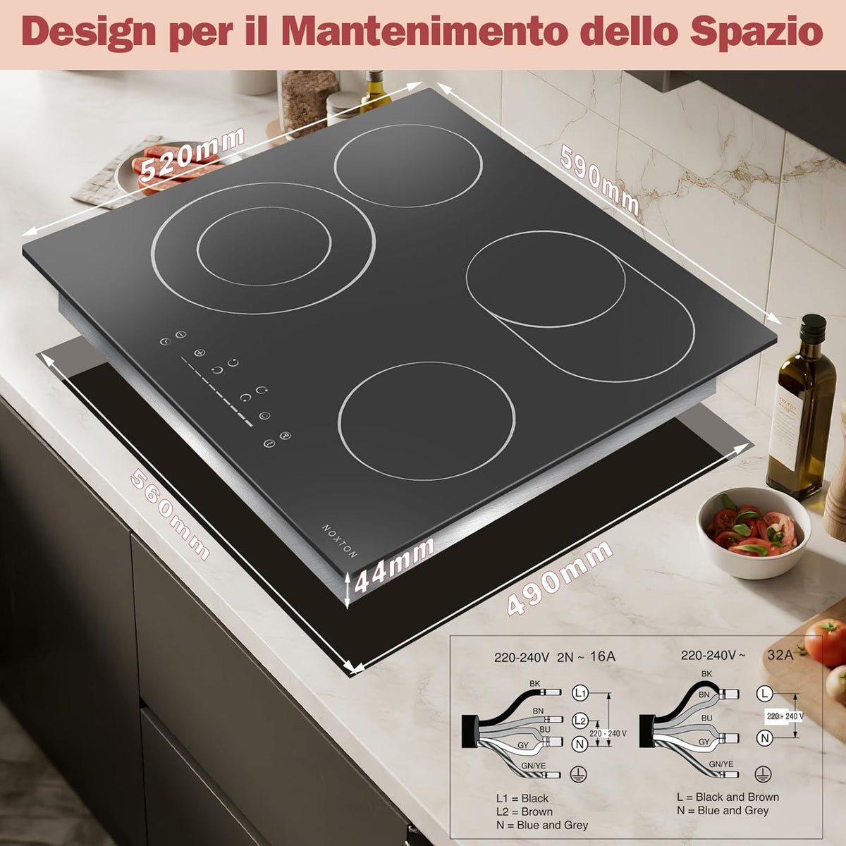 NOXTON Keramische kookplaat, 4 platen, inbouw, keramische kookplaat, 60 cm, met ovale zone voor grillpan, kookplaat, 4 kookplaten met touch-bediening, timer, kinderbeveiliging, 220 V-240 V, 6600 W