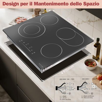 NOXTON Keramische kookplaat, 4 platen, inbouw, keramische kookplaat, 60 cm, met ovale zone voor grillpan, kookplaat, 4 kookplaten met touch-bediening, timer, kinderbeveiliging, 220 V-240 V, 6600 W