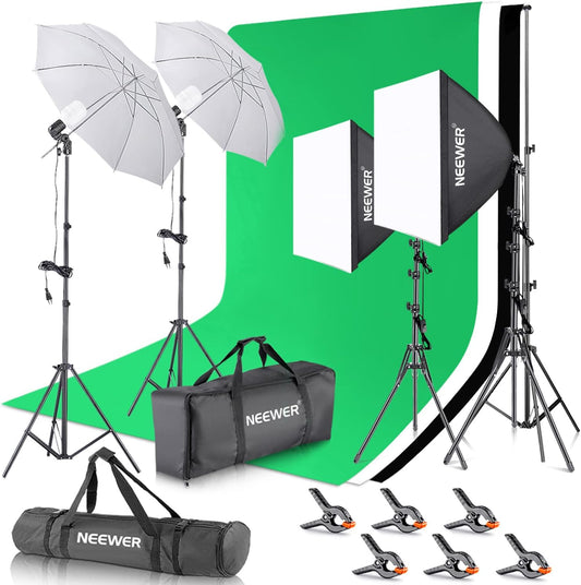 Achtergrondsteunsysteem – Achtergrondframe – Achtergrondstandaard – Achtergrondsysteem – Fotostudio Set – 3 Achtergronden Zwart, Wit En Groen – 4 X 45 W Daglichtlampen 5500 K