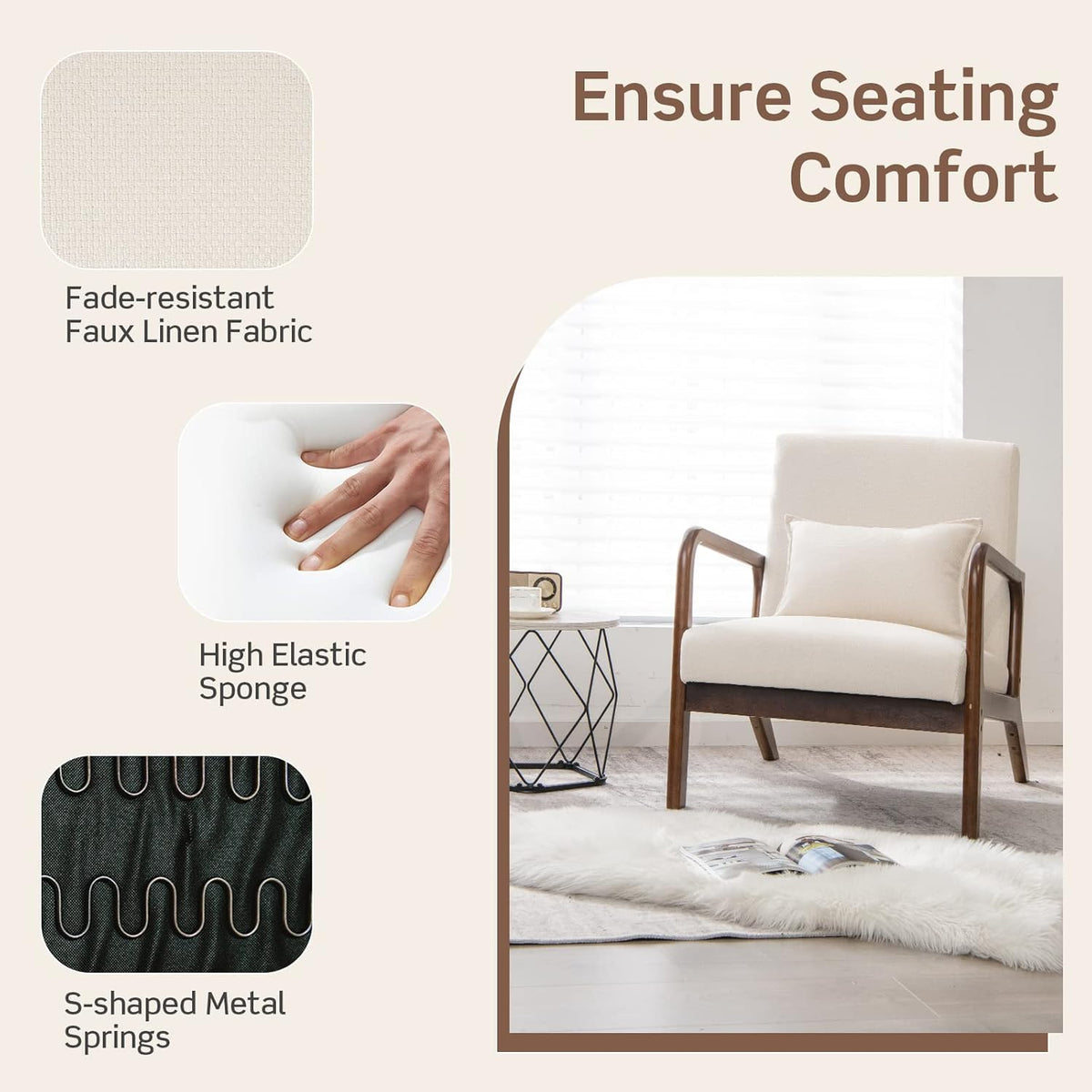 FANTASK Fauteuil, moderne eenpersoonsbank van hout met armleuningen, loungestoel bekleed voor woonkamer, slaapkamer, 65 x 79 x 77 cm, beige