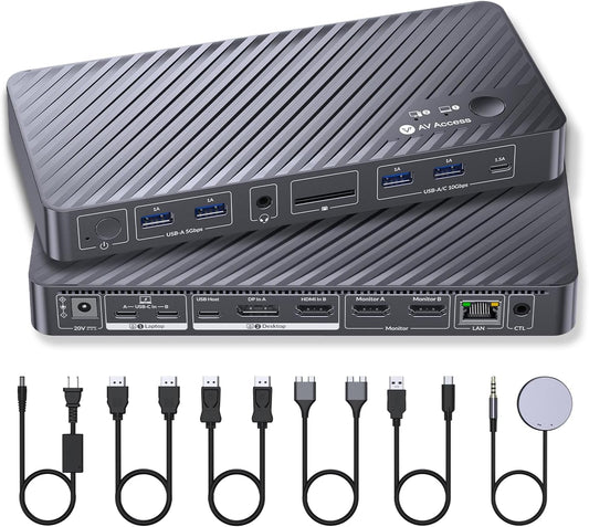 AV Access KVM Switch Docking Station for MacBook, USB-C KVM Switch 2 Monitors 2 Computers, 4K Dual HDMI Displays, 1 Laptop&1 Desktop Switching,Plug&Play, Ethernet, 100W Power Delivery, EDID Emulation