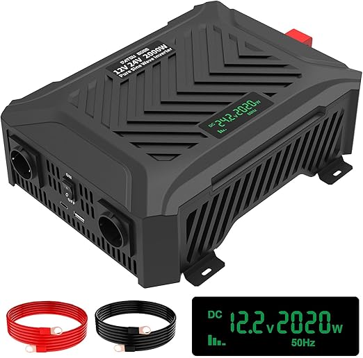 Universele Spanningsomvormer 12V/24V – Omvormer – Inverter – Converter – Puur Sinusgolf – 2000W Continu, 4000W Piek – Automatische Spanningdetectie – LCD Display Met 2 EU Stopcontacten