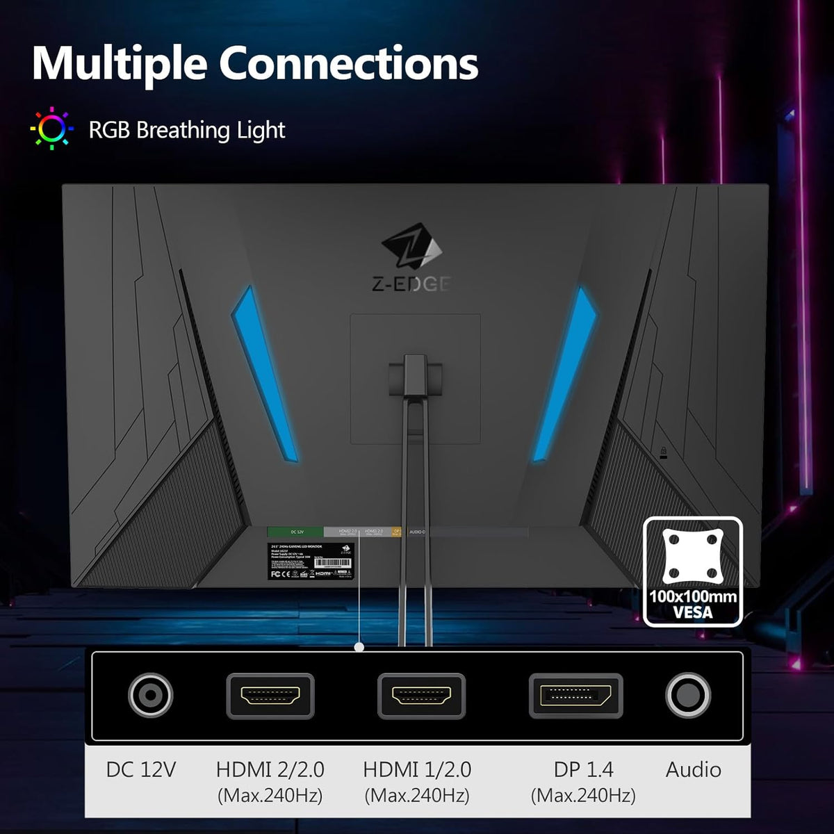 Z-Edge Gaming Monitor 24.5'', 240Hz, 1ms, FreeSync, FHD(1920x1080), PC Display with Ultra-Thin Bezel, 5000:1, 2*HDMI2.0 &DP1.4, Adjustable Tilt, VA, RGB Light, VESA 100*100mm(DP Cable Included)